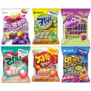 오리온제과 자두 알맹이 216g + 리찌 알맹이 216g + 포도 알맹이 216g +키위 알맹이 216g + 왕꿈틀이 255g + 마이구미 포도 259.2g (합 6개), 1세트