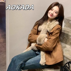 AOKADA 외투 여자 겨울 멜라드 복고풍 갈색 퍼 외투 청바지 심플한 패치워크 상의