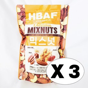 바프 HBAF 먼투썬 믹스넛 250g 매일 견과 아몬드 호두 캐슈넛 피칸 건크랜베리, 3개