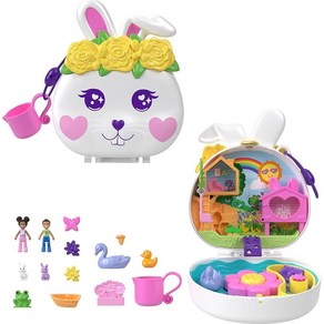 Polly Pocket 폴리포켓 플라워 가든 버니 컴팩트 놀이 세트 마이크로 인형 2개 및 액세서리 12개 색상 변경 포함, 토끼