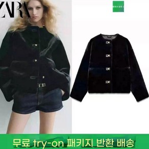 자라 ZARA 여성 블랙 페이크 퍼 이펙트 라운드넥 코튼 자켓 탑