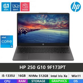 HP 250 G10 9F173PT 13세대 i5-1335U/DDR4 16GB/NVMe 512GB/Win11Home/고속충전/웹캠/사무용 인강용, WIN11 Home, 16GB, 512GB, 블랙