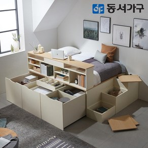 동서가구 시스템 평상형 멀티 수납 벙커 퀸 침대 프레임+수납계단+책장+슈퍼싱글 본넬 매트리스 DF638556, 오크