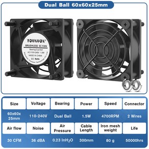 환기팬 EC 브러시리 선풍기 냉각 쿨러 케이스 6025 7025 8025 9225 9238 12025 12038/12032 AC 110V 115V 120V 220V 240V 1 개, [03] 6025 Dual Ball, [01] 없음 RGB, [02] With Silve Gill, 1개