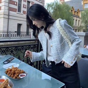 녕동 여성 라운드넥 모직 자켓 크롭 숏재킷 아우터 베이직 고급 트위드 자켓 봄가을 숏코트 하객룩 오피스룩