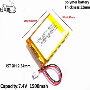 JST XH 2.54mm 7.4V 1500MAH 124050 폴리머 리포 충전식 배터리 Mp3 헤드폰 패드 DVD 블루투스 카메라 용, 1개