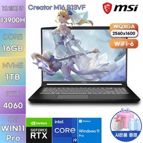 [MSI] 크리에이터 M16 B13VF WIN11 고성능 고사양 노트북 MSI 노트북, WIN11 Po, 16GB, 1TB, 코어i9, 블랙