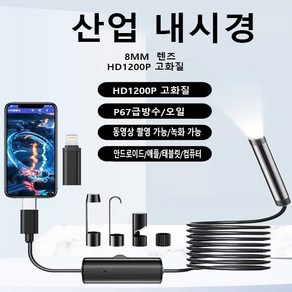 Mochae 스마트폰내시경 자동차용 내시경 카메라 풀HD 1080P 고화질 내시경 카메라 배관 정비 고화질 산업용 하수구 싱크대 막힘 누수 탐지기, 1개, 1m8mm