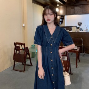 여성 데님 원피스 반팔 빈티지 심플 봄 여름 가을 여자 청 드레스 woman denim dress JX1849