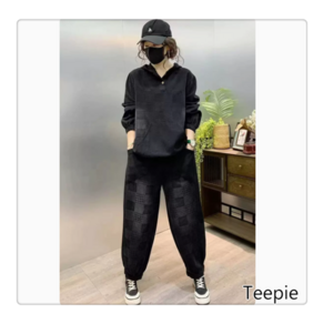 티피/Teepie 데님 정장 여성 가을 신작 대형 긴팔 후드 캐주얼 하렘 바지 투피스 세트