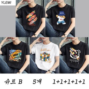 YLEMI 1+1+1+1+1 남성용 빅사이즈 여름용 반팔루즈핏 티셔츠 5종 세트