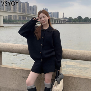 vsyoy 가을 디자인 센스 POLO 칼라 스웨터 카디건 재킷 니트 넓은 다리 바지 가을 및 겨울 여성용 2 피스 세트