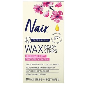 Nair 왁스코팅 스트립 얼굴 & 비키니라인 난초 및 벚꽃추출물 왁스 스트립 40개 + 포스트티슈 4개, 1개
