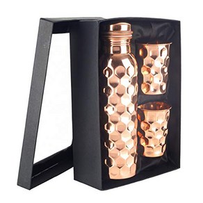 100% Pure Solid 34 Oz Copper Bottle with Two Copper Glasses Set (Diamond)