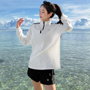 [44~88/자체제작] 비키비키 트립 래쉬가드 남녀공용 가족 수영복 비치웨어 체형커버 바캉스 임산부 루즈핏 오버핏, 화이트