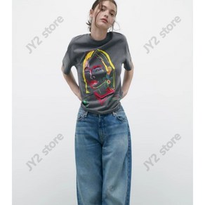 자라 디자인 프린트 캐주얼 여성 반팔티 ZARA
