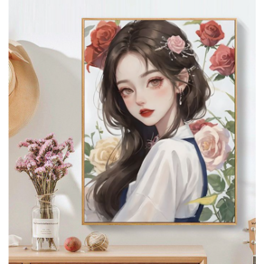 장미꽃 야자 미녀 소녀 피포페인팅 30*40CM/40*50CM 좋은 기분이 분위기 벽장식 집들이선물 행운 DIY 명화/유화그리기 만들기 세트, 30*40cm, 장미꽃 소녀 피포페인팅 03, 1개