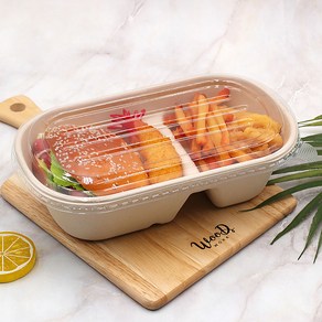 1000QD 2칸+PET(S)뚜껑 100개 세트 크라프트 펄프 도시락용기 펄프 샐러드 포장용기 일회용도시락, 1세트, 100개입