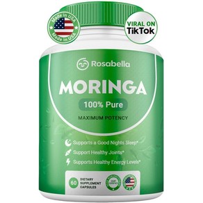 Rosabella Moinga Powde Capsules - 순수 영양이 풍부한 모링가 파우더 800mg 천연 녹색 항산화 슈퍼푸드 필수 비타민 및 아미노산 함유 60캡슐, 1개