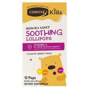 Comvita 어린이용 마누카 꿀 수딩 롤리팝 만 3세 이상 레몬 오렌지 포도 12개입 80.4g(2.84oz), Comvita어린이용마누카꿀수딩롤리팝만3세이상레몬오렌지, 80.4g, 1개