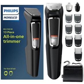 Philips Noelco 멀티 그루머 올인원 트리머 시리즈 3000-13피스 남성용 그루밍 키트 수염 얼굴 코 귀 헤어 트리머 및 헤어 클리퍼용 - 블레이드 오일 필요 없, Black/Chome_MG3740/40