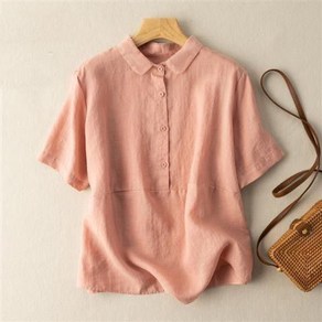 COBOTOR 여성 반팔 티셔츠 면마 빈티지 봄 여름 가을 무지 베이직 심플 여자 반소매 티 상의 linen T-shirt XK0609