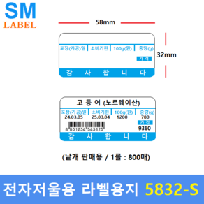 전자저울용 라벨용지 5832-S (58mm x 32mm - 1롤 : 800장) 백화점 / 마트 / 농수산물 / 반찬전문점 / 베이커리 / 모든저울에 사용가능