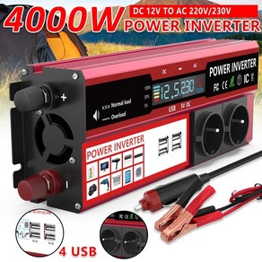 RV 휴대폰 자동차용 전력 인버터 DC 12V-AC 220V 230V 변압기 4 USB EU 소켓 충전 LED 디스플레이 포함 4000W 3000W