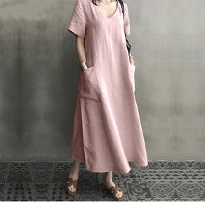 COBOTOR 린넨 원피스 브이넥 오버핏 a라인 캐주얼 여자 봄 여름 가을 반팔 롱원피스 linen dess women XK0113