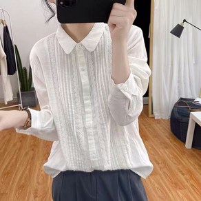 ROYALBELLE 여성 면 루즈핏 빈티지 레이스 셔츠 데일리룩 카라넥 셔링 긴팔 셔츠 V62314