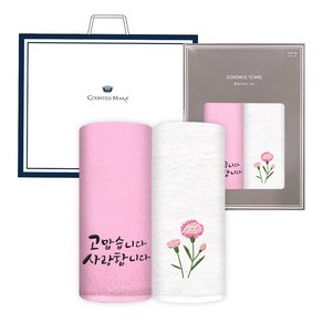 [송월타올] 감사글 카네이션 자수 가정의달 어버이날 스승의날 선물 라이트호텔무지40 130g 2P 수건 세트(2매 창박스 쇼핑백), 1세트