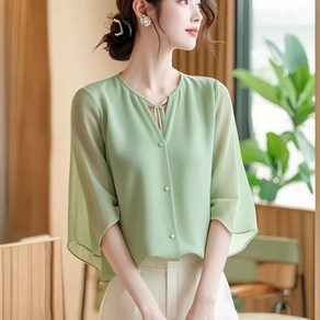 루스리더 여성 벌룬소매 단추 쉬폰 블라우스 V302
