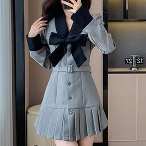 6590(S~XL)리본배색 벨트세트 슬림 코트 드레스 벨벳느낌 가을 겨울 원피스 연말룩 파티룩 정장세트