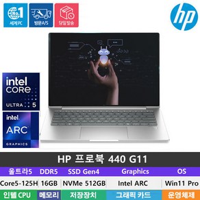 (당일발송) HP 프로북 440 G11 울트라5-125H/DDR5 16GB/NVMe 512GB/ARC그래픽/Win11Po/14인치/WUXGA/300NIT, WIN11 Po, 16GB, 512GB, 실버