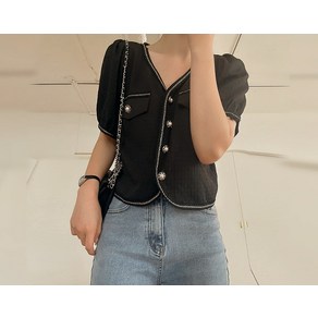 [리리앤코] 보니렝 브이넥 퍼프 세미크롭 블라우스