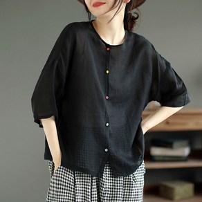 여름 여성 캐주얼 라운드 반팔 셔츠 루즈핏 면마 솔리드 블라우스