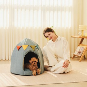 개과천선 스쿼시 강아지 하우스 애견 집 동굴집 고양이 숨숨집 가랜드 포인트 논슬립 쿠션 하우스, 사파이어 블루, 1개