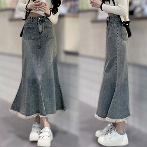 여름 여성 롱스커트 머메이드 포켓 데님치마 A라인 데일리 밑단컷팅 청 스커트 S~5XL B77