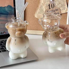 곰돌이유리컵+유리빨대 내열투명 아이스커피, 1개, 1개, 320ml