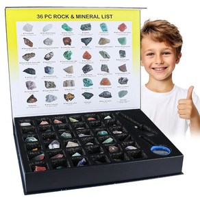 BTYCity Mao Rock 컬렉션 36pc Cool Rocks and Gems Stones Cystal Kit 기울어진 가이드가 있는 Mineal Science 지구 과학, 1개