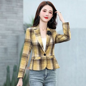 ROYALBELLE 여성 체크무늬 긴팔 정장 자켓 카라넥 원버튼 쇼트핏 재킷 루즈핏 오피스룩 V72901