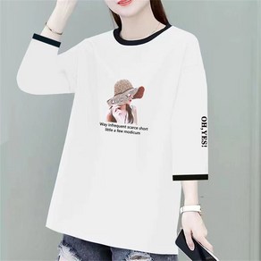 besteffie 티셔츠 여성 중년 엄마 빅사이즈 영문 플라워 여성용 긴팔 면 티셔츠 7부 티셔츠 E55