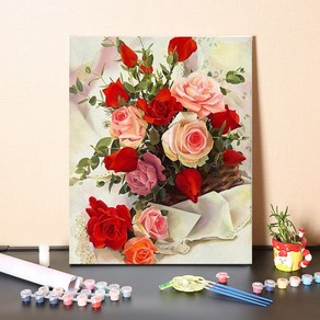 ukotee DIY 세계 명화 그리기 세트 40 x 50 cm 피포페인팅 꽃 해바라기 풍경화/원목 액작 독일, 장미-18-3062, 1개