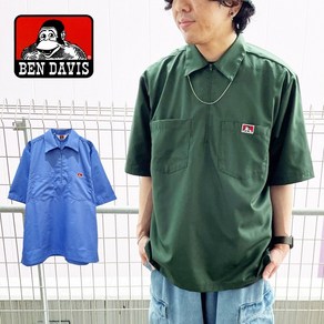 BEN DAVIS 벤데이비스 HALFZIP SHIRTS (23580030) 맨즈 탑스 셔츠 하프 Zip 반소매 로고 오버사이즈 느긋한 심플 포켓 캐주얼 스트리트 아메카지 워크 색소