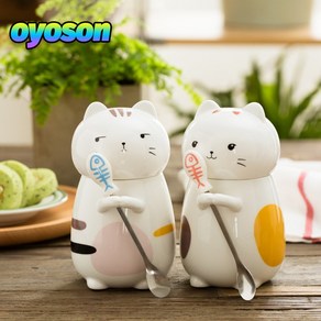 oyoson 컵 슈퍼 귀여운 입체 동물 고양이 귀여운 세라믹 물컵 뚜껑 커피 컵이있는 커플 크리에이티브 대용량 머그, 경멸하는 고양이, 1개