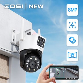 ZOSI WiFi CCTV 8MP 800만화소 F2.0 듀얼 렌즈 고화질 감시 카메라 실외용 360도 보안 카메라, 1개