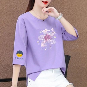 besteffie 티셔츠 여름 여성 라운드넥 꽃무늬 포인트 면티 빅사이즈 롱티셔츠 오버핏 빅사이즈 7부 티셔츠 E58