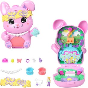 Polly Pocket 인형 및 놀이 세트 티 파티 버니 컴팩트 여행용 장난감 마이크로 1개 애완동물 토끼 음식 패션 스타일링 액세서리