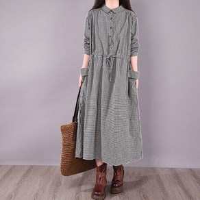 COBOTOR 여성 린넨 원피스 체크무늬 오버핏 a라인 캐주얼 여자 봄 가을 긴팔 롱원피스 linen dess women XK0106