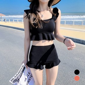 메이리앤 마린프릴 몸매보정 하이웨스트 투피스 수영복 비키니 세트, 블랙